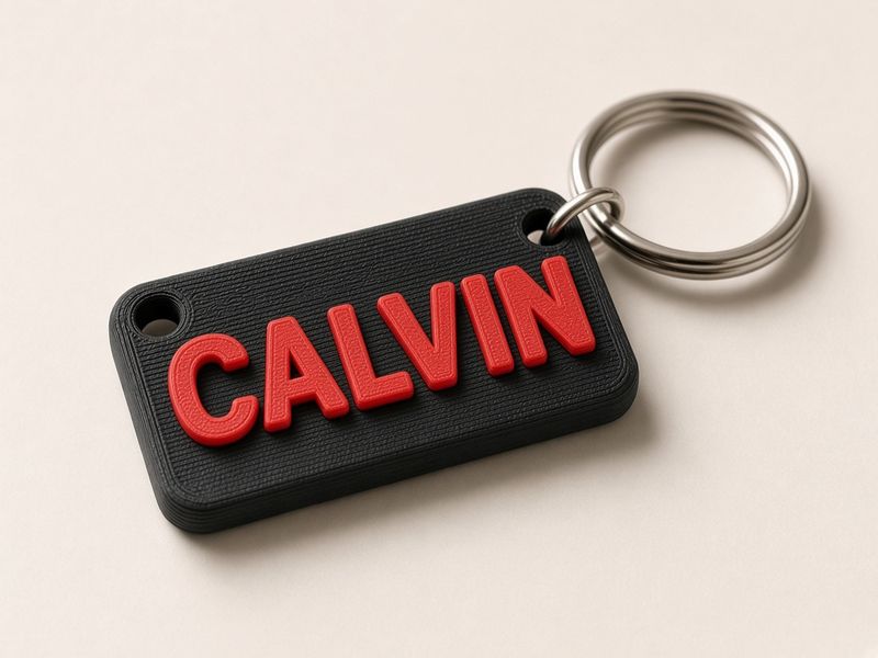 Personalised black name keyring with raised red letters spelling CALVIN